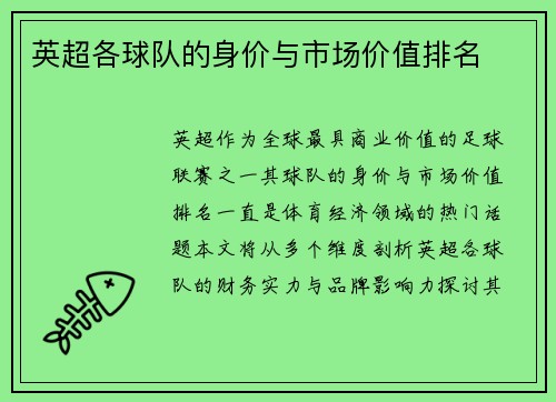 英超各球队的身价与市场价值排名