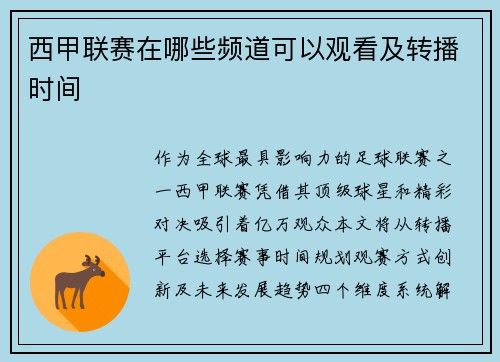 西甲联赛在哪些频道可以观看及转播时间
